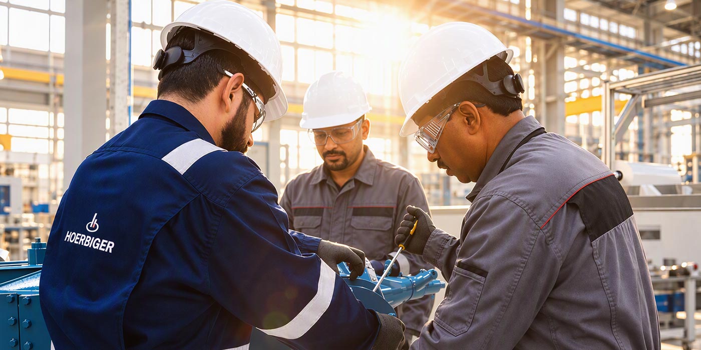 Trainings EIne Schulungsgruppe vor einem Kompressormodell